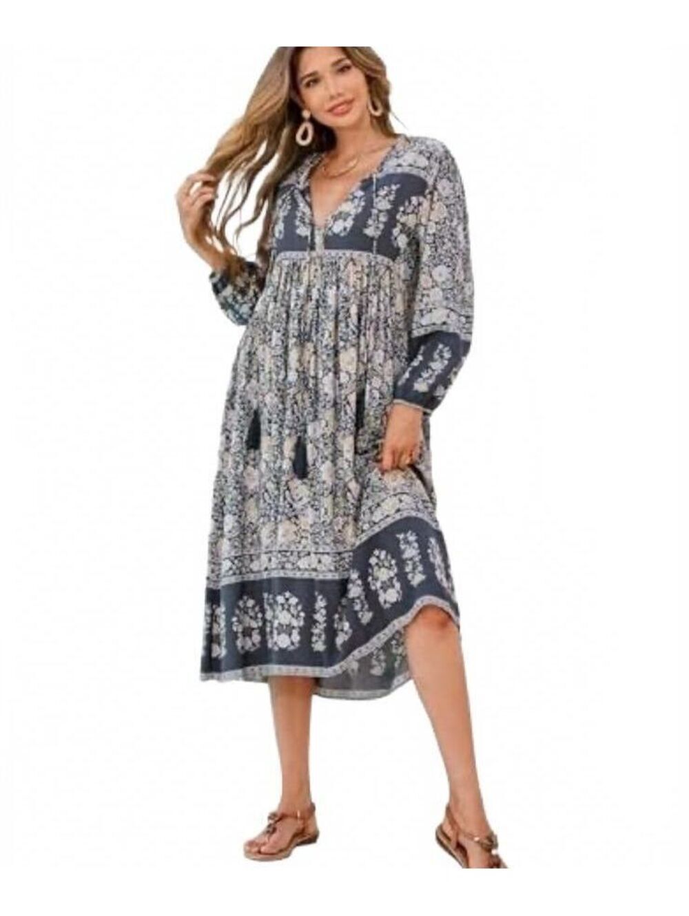 R. Vivimos Boho Floral Tassel Midi Dress CottageCore Long Sleeve Size 2XL